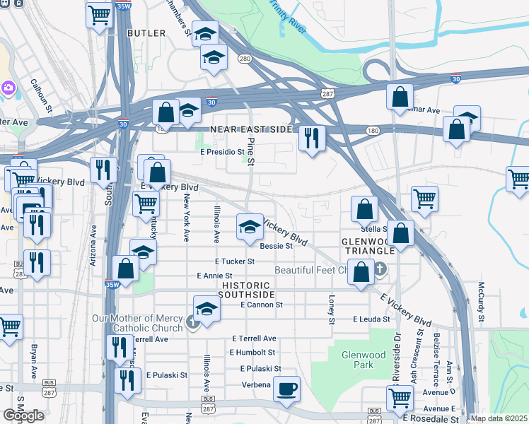 map of restaurants, bars, coffee shops, grocery stores, and more near 1225 East Broadway Avenue in Fort Worth