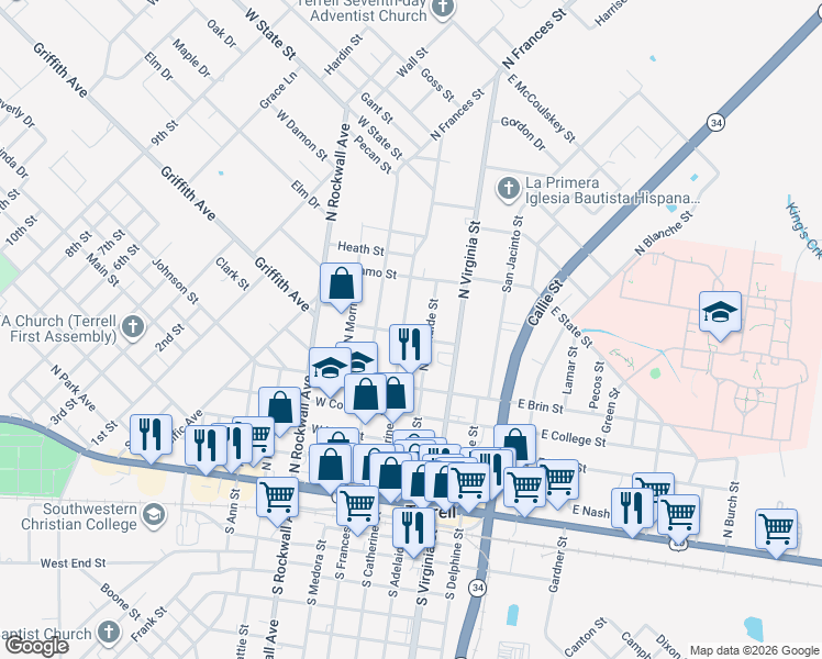 map of restaurants, bars, coffee shops, grocery stores, and more near 602 North Catherine Street in Terrell