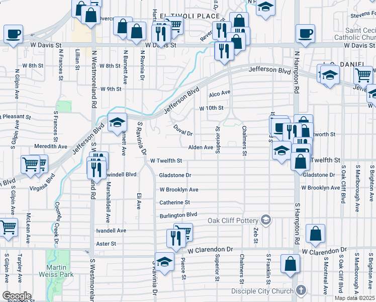 map of restaurants, bars, coffee shops, grocery stores, and more near 2800 Alden Avenue in Dallas