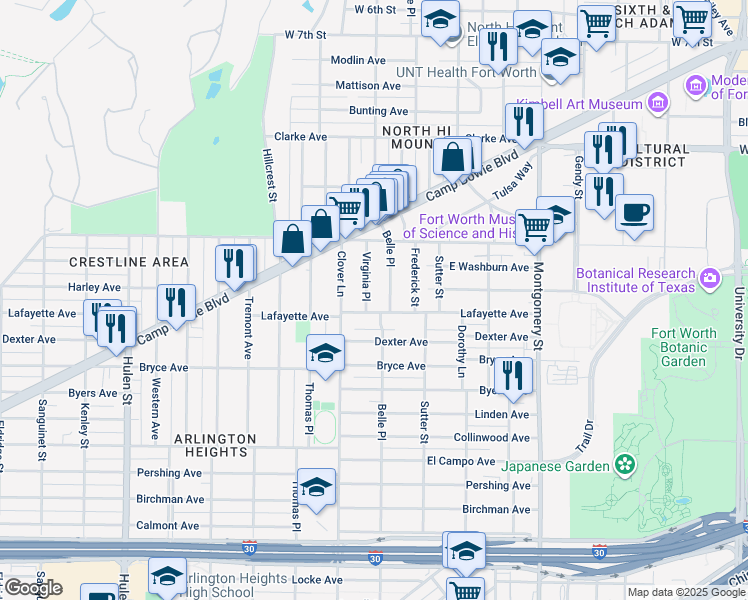map of restaurants, bars, coffee shops, grocery stores, and more near 1813 Virginia Pl in Fort Worth