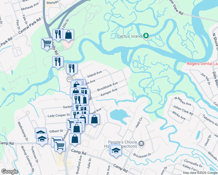 map of restaurants, bars, coffee shops, grocery stores, and more near 1517 Brookbank Avenue in Charleston