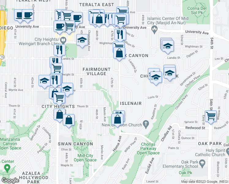 map of restaurants, bars, coffee shops, grocery stores, and more near 3441 47th Street in San Diego