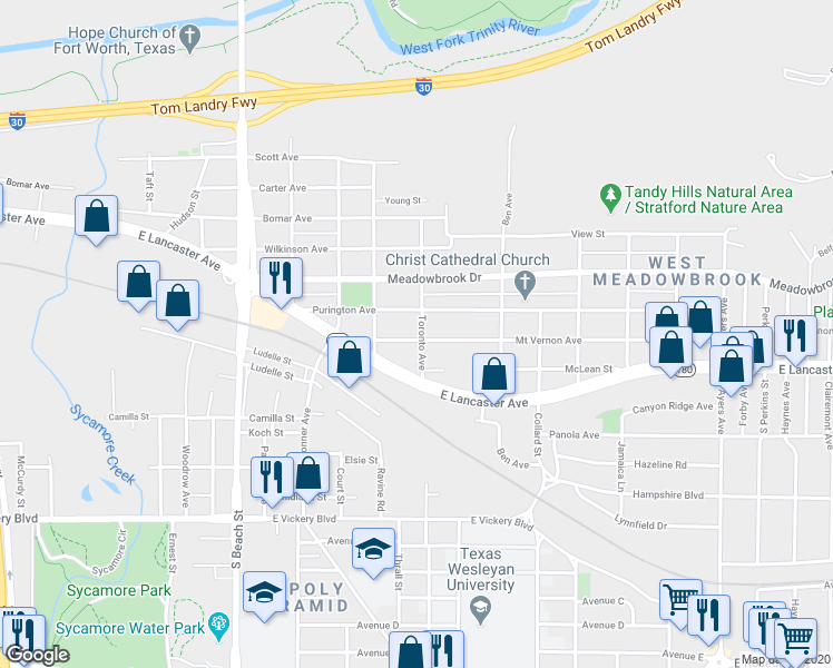 map of restaurants, bars, coffee shops, grocery stores, and more near 2937 Mount Vernon Avenue in Fort Worth