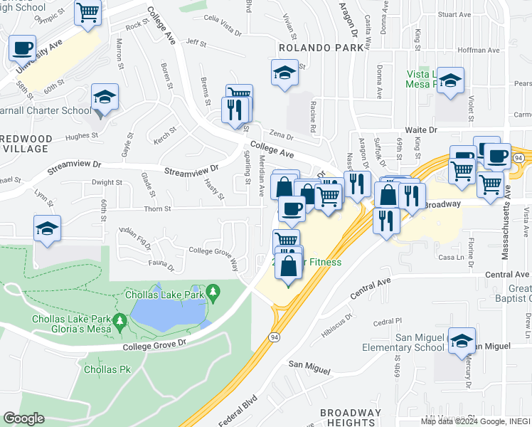 map of restaurants, bars, coffee shops, grocery stores, and more near 3373 Meridian Avenue in San Diego