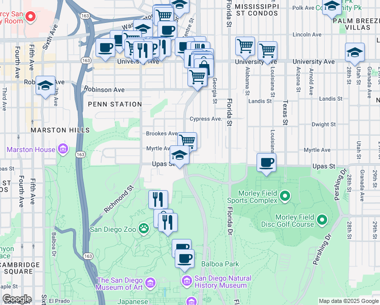 map of restaurants, bars, coffee shops, grocery stores, and more near 3431 Park Boulevard in San Diego