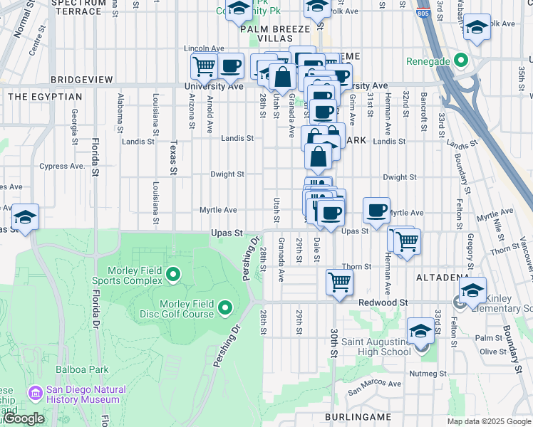 map of restaurants, bars, coffee shops, grocery stores, and more near 3445 28th Street in San Diego