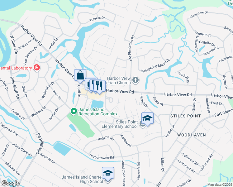 map of restaurants, bars, coffee shops, grocery stores, and more near 969 Harbor View Road in Charleston