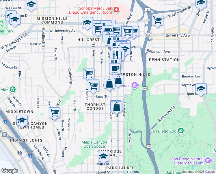 map of restaurants, bars, coffee shops, grocery stores, and more near 3520 Fourth Avenue in San Diego