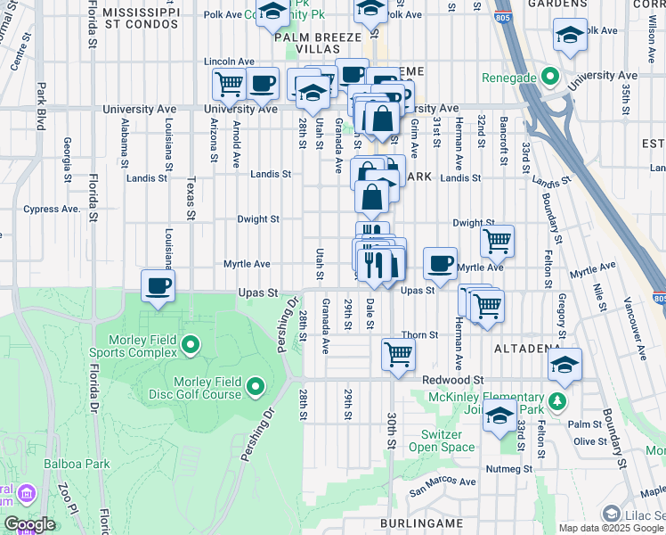 map of restaurants, bars, coffee shops, grocery stores, and more near 3444 Granada Avenue in San Diego