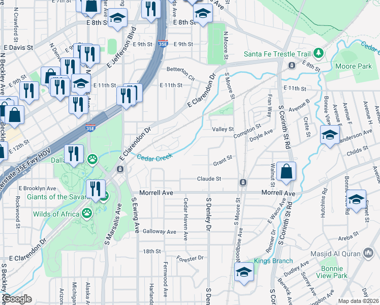 map of restaurants, bars, coffee shops, grocery stores, and more near 1116 Compton St in Dallas
