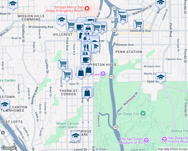map of restaurants, bars, coffee shops, grocery stores, and more near in San Diego