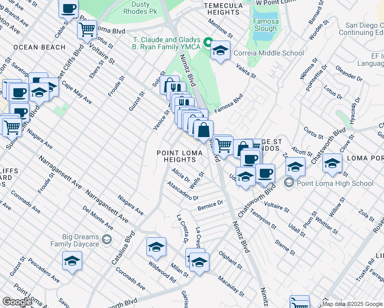 map of restaurants, bars, coffee shops, grocery stores, and more near 2151 San Clemente Street in San Diego