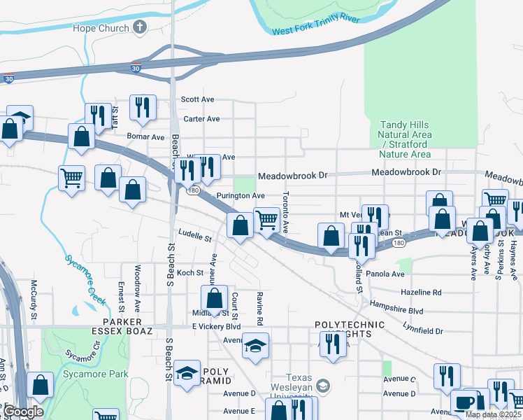map of restaurants, bars, coffee shops, grocery stores, and more near 2903 Mount Vernon Avenue in Fort Worth
