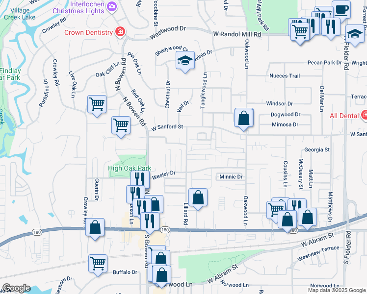 map of restaurants, bars, coffee shops, grocery stores, and more near 2300 Oak Manor in Arlington