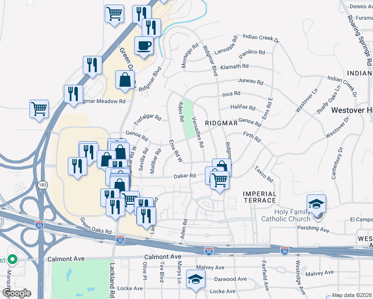 map of restaurants, bars, coffee shops, grocery stores, and more near 1708 Aden Road in Fort Worth