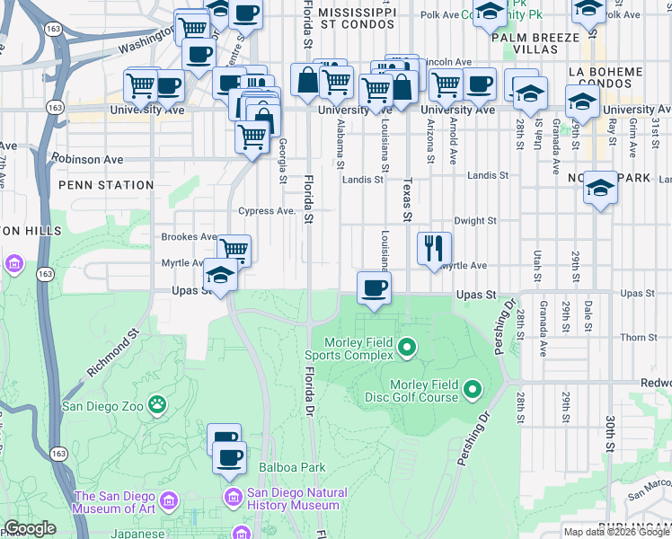 map of restaurants, bars, coffee shops, grocery stores, and more near 3438 Alabama Street in San Diego
