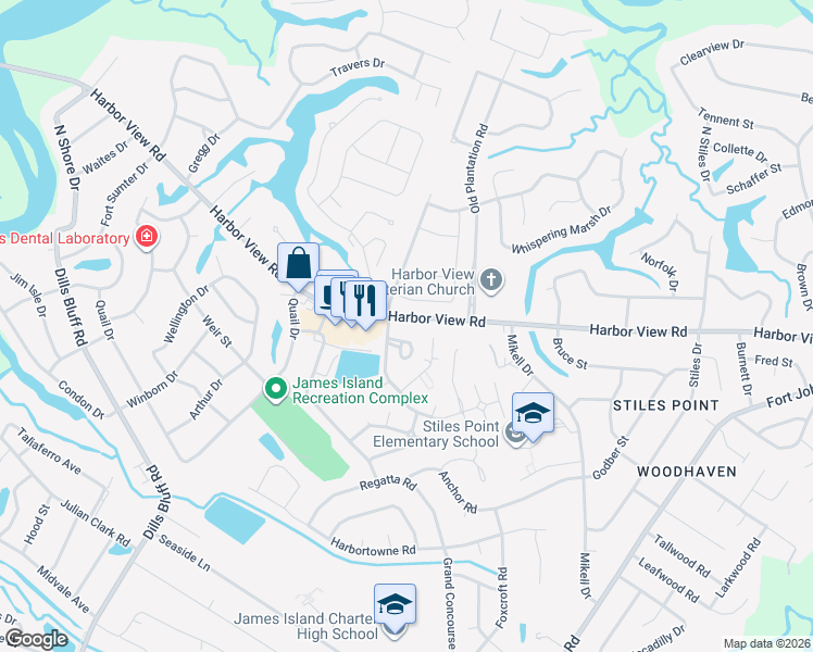 map of restaurants, bars, coffee shops, grocery stores, and more near 969 Harbor View Road in Charleston