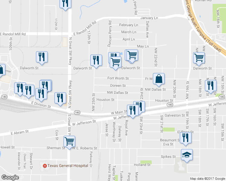 map of restaurants, bars, coffee shops, grocery stores, and more near 2414 NW Dallas St in Grand Prairie