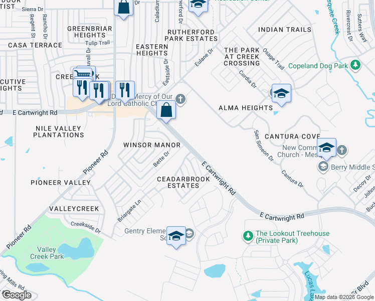 map of restaurants, bars, coffee shops, grocery stores, and more near 1700 East Cartwright Road in Mesquite