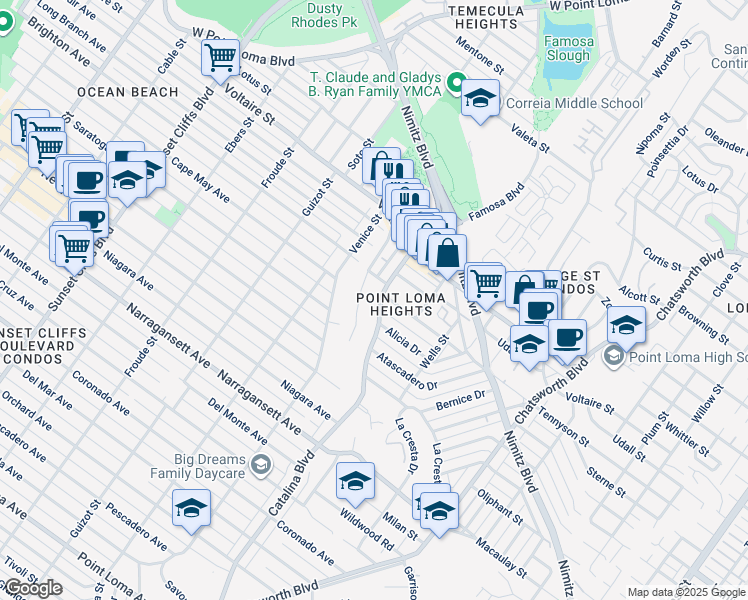 map of restaurants, bars, coffee shops, grocery stores, and more near 2068 Catalina Boulevard in San Diego