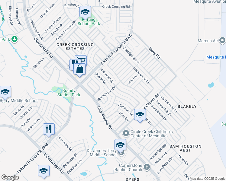 map of restaurants, bars, coffee shops, grocery stores, and more near 2200 Austin Drive in Mesquite