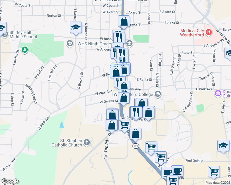 map of restaurants, bars, coffee shops, grocery stores, and more near 1404 South Main Street in Weatherford