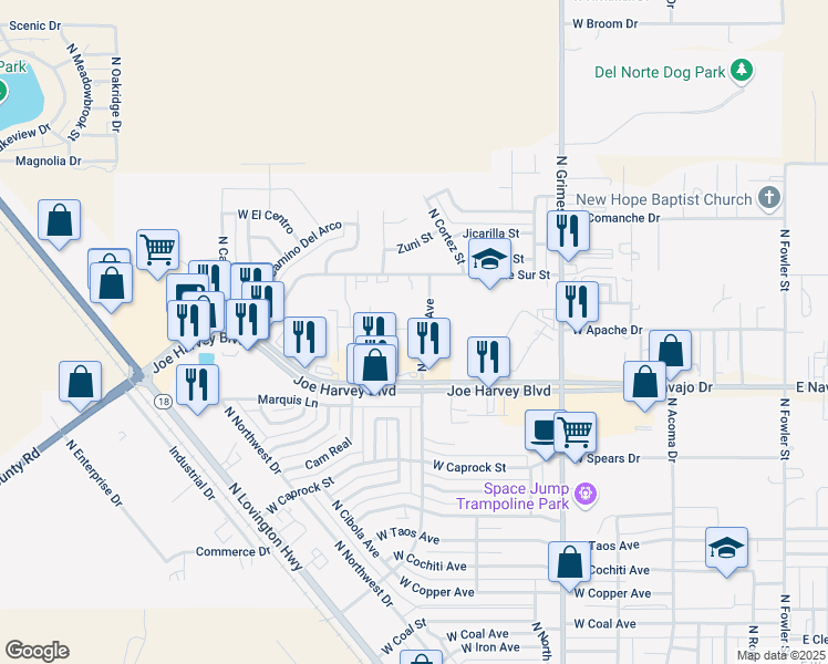 map of restaurants, bars, coffee shops, grocery stores, and more near 3901 North Central Avenue in Hobbs