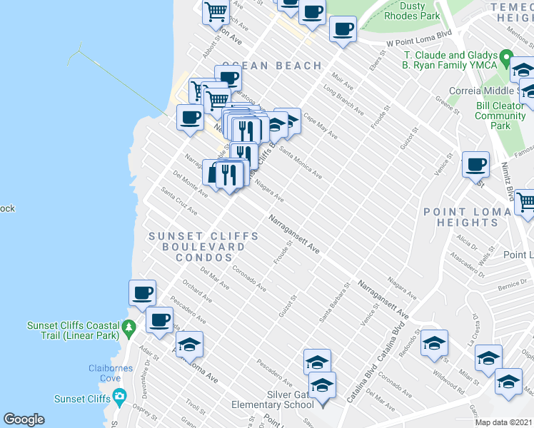 map of restaurants, bars, coffee shops, grocery stores, and more near Narragansett Avenue & Ebers Street in San Diego