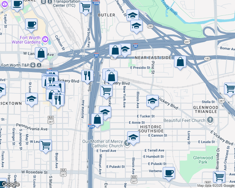 map of restaurants, bars, coffee shops, grocery stores, and more near 211 South Williams Street in Fort Worth