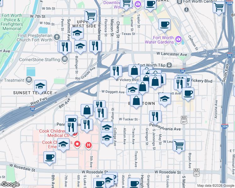 map of restaurants, bars, coffee shops, grocery stores, and more near 300 College Ave in Fort Worth