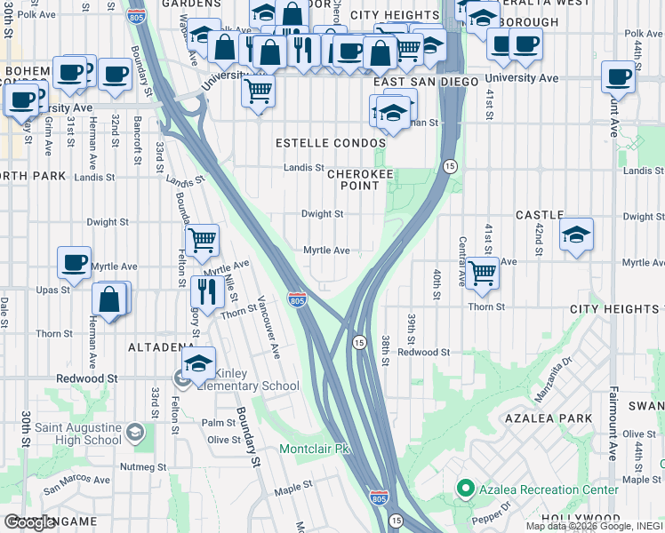 map of restaurants, bars, coffee shops, grocery stores, and more near 3428 Cherokee Avenue in San Diego