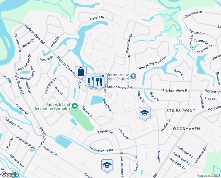 map of restaurants, bars, coffee shops, grocery stores, and more near 969 Harbor View Road in Charleston