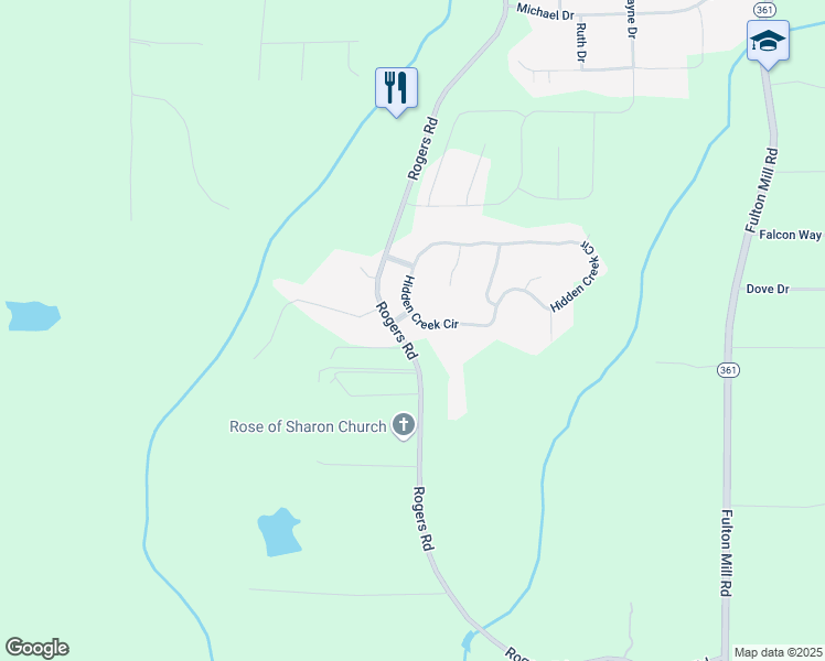 map of restaurants, bars, coffee shops, grocery stores, and more near 265 Hidden Creek Circle in Lizella
