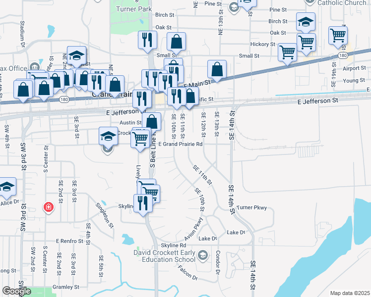 map of restaurants, bars, coffee shops, grocery stores, and more near 405 Southeast 11th Street in Grand Prairie