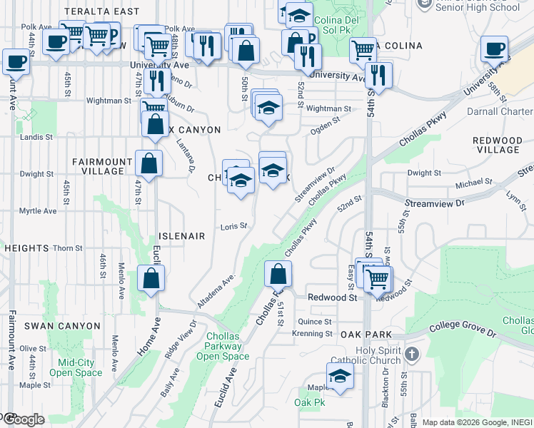 map of restaurants, bars, coffee shops, grocery stores, and more near 3422 Streamview Place in San Diego