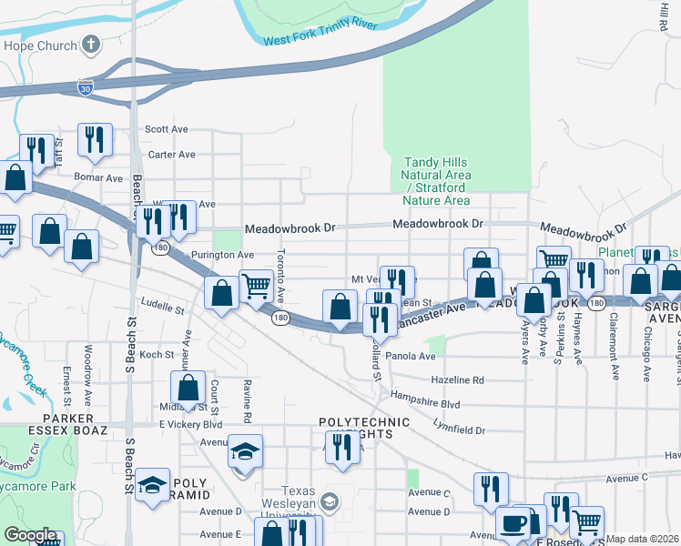 map of restaurants, bars, coffee shops, grocery stores, and more near 3137 Mount Vernon Avenue in Fort Worth