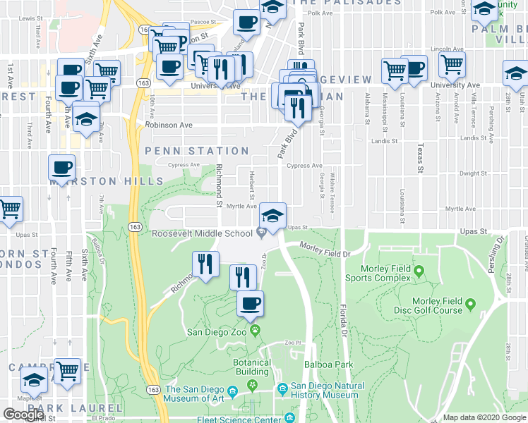 map of restaurants, bars, coffee shops, grocery stores, and more near 1625 Myrtle Avenue in San Diego