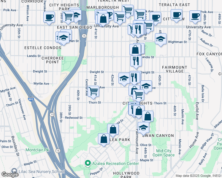 map of restaurants, bars, coffee shops, grocery stores, and more near 3450 42nd Street in San Diego