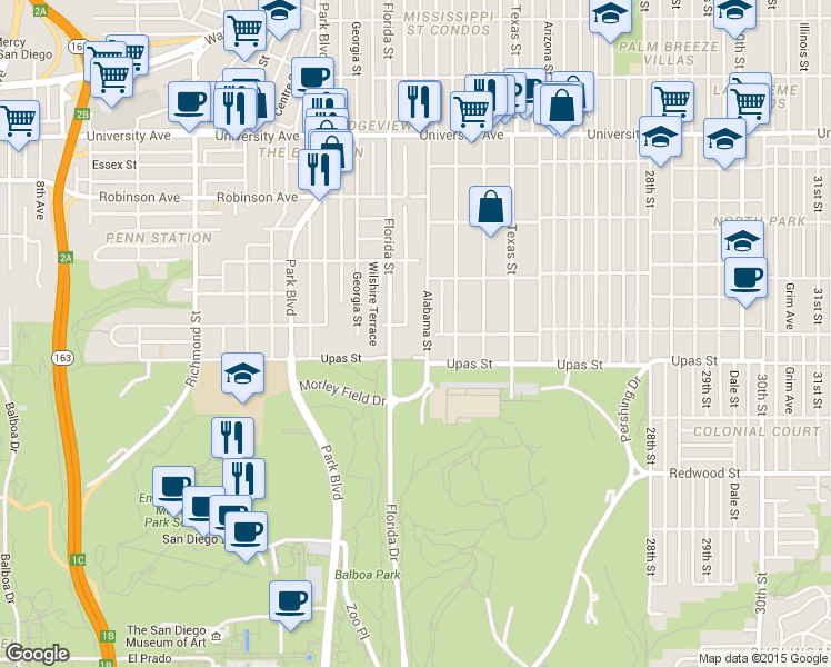 map of restaurants, bars, coffee shops, grocery stores, and more near 3438 Alabama Street in San Diego