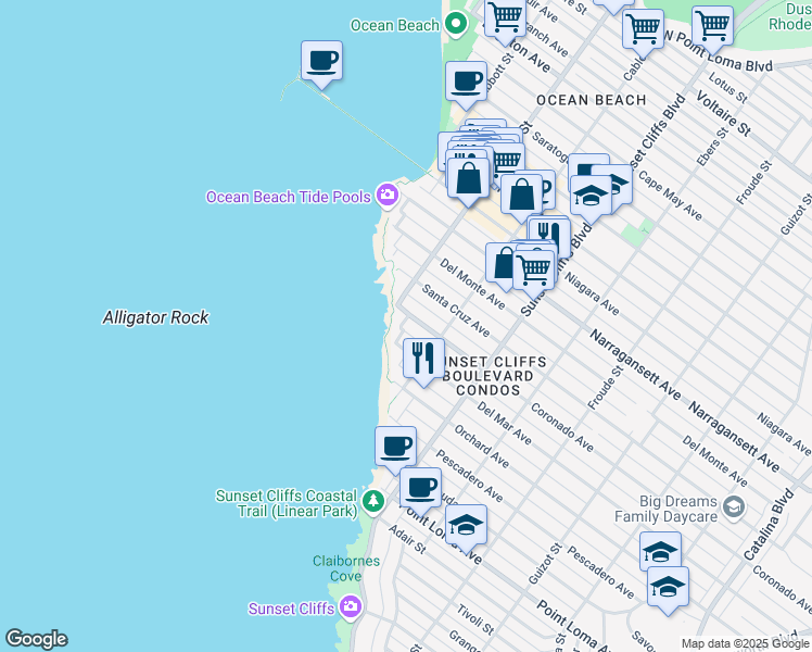 map of restaurants, bars, coffee shops, grocery stores, and more near 1627 Ocean Front Street in San Diego