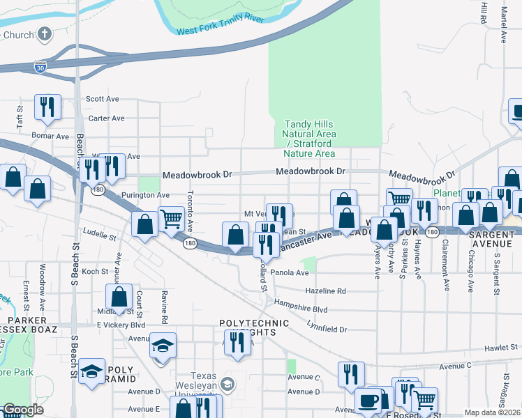 map of restaurants, bars, coffee shops, grocery stores, and more near 3223 Mount Vernon Avenue in Fort Worth