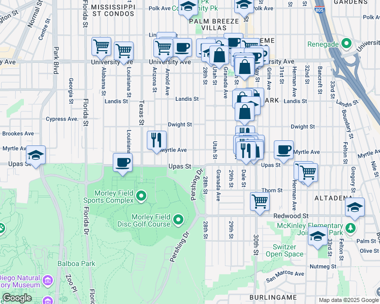 map of restaurants, bars, coffee shops, grocery stores, and more near 3448 Pershing Avenue in San Diego