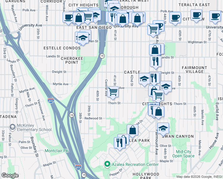 map of restaurants, bars, coffee shops, grocery stores, and more near 4077 Myrtle Avenue in San Diego