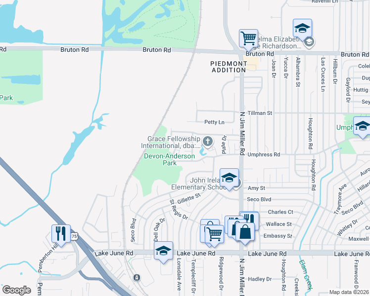 map of restaurants, bars, coffee shops, grocery stores, and more near 6711 Overpark Court in Dallas