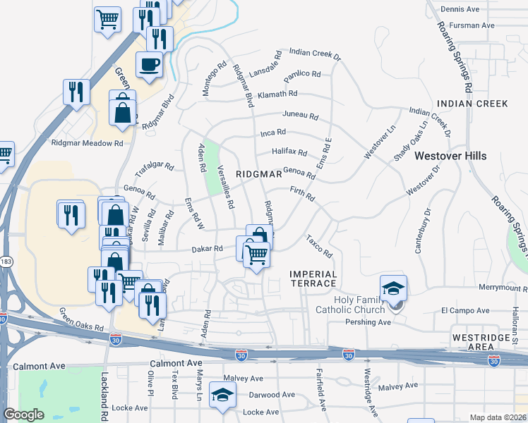 map of restaurants, bars, coffee shops, grocery stores, and more near 1808 Ridgmar Blvd in Fort Worth