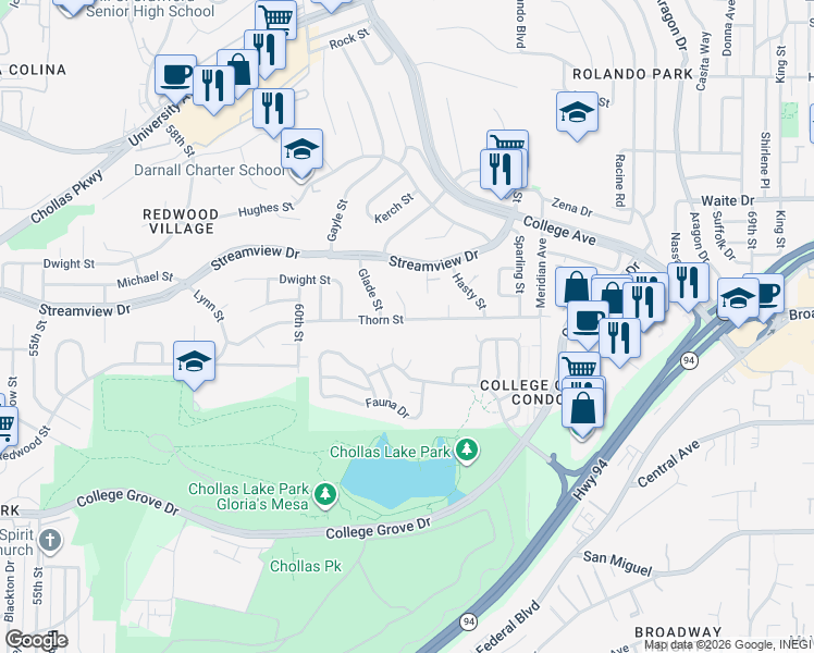 map of restaurants, bars, coffee shops, grocery stores, and more near 6175 Thorn Street in San Diego