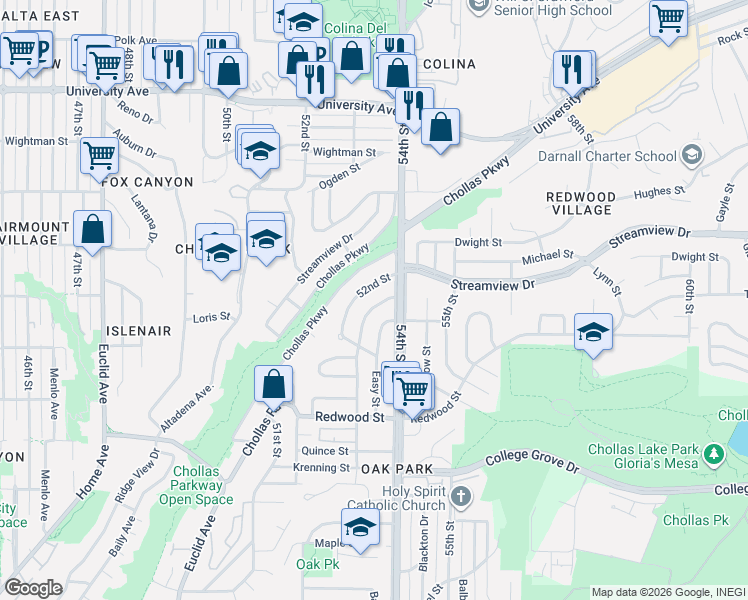 map of restaurants, bars, coffee shops, grocery stores, and more near 3345 52nd Street in San Diego