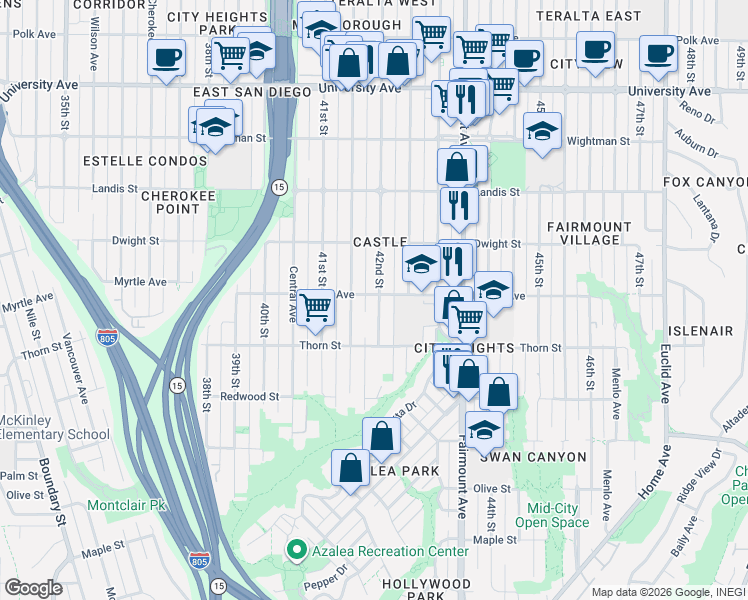 map of restaurants, bars, coffee shops, grocery stores, and more near 4175 Myrtle Avenue in San Diego