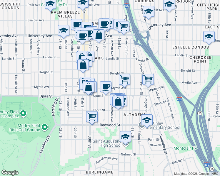map of restaurants, bars, coffee shops, grocery stores, and more near 3501 Herman Avenue in San Diego