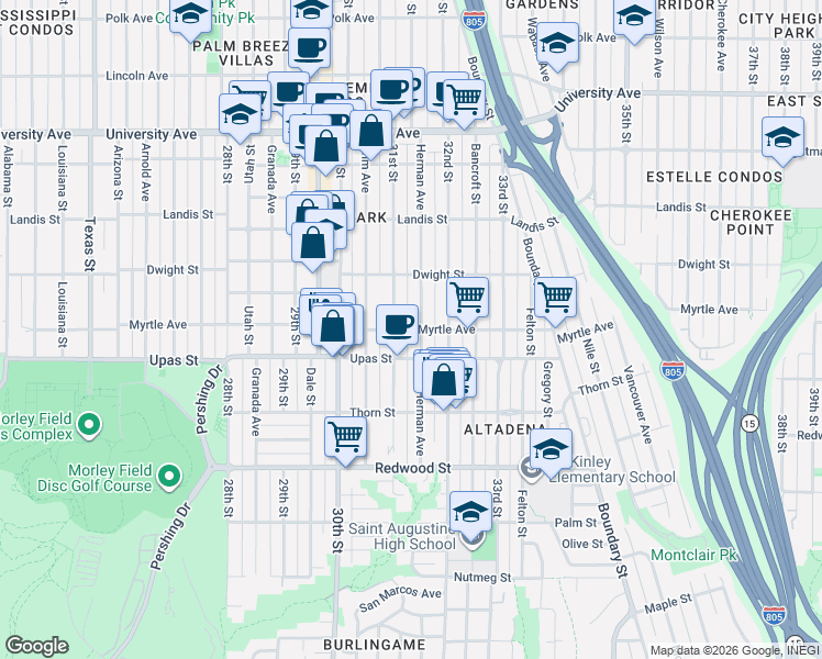 map of restaurants, bars, coffee shops, grocery stores, and more near 3501 Herman Avenue in San Diego